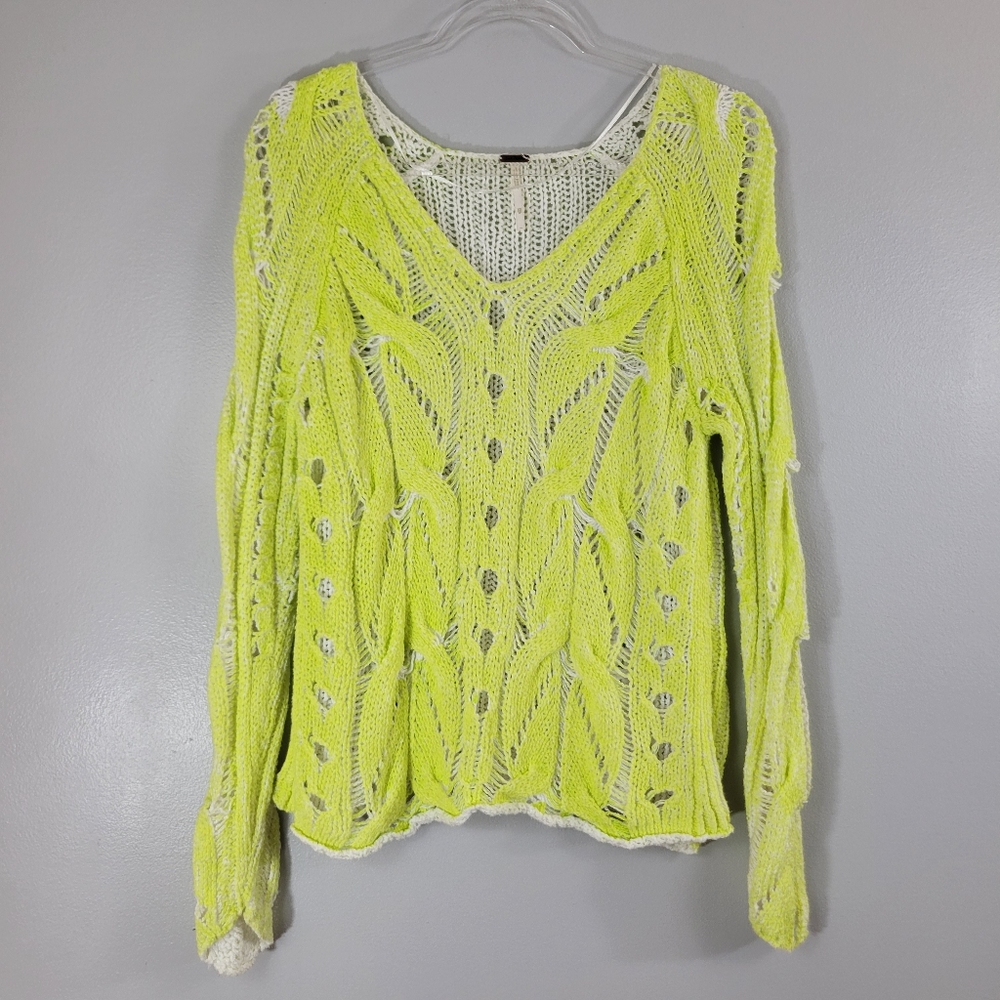FREE PEOPLE neon yellow cotton open knit popover beachy long sleeve sweater